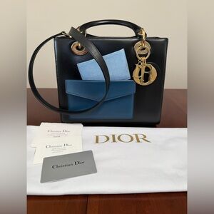 Christian Dior Lady Dior Medium Bag Handbag Black Blue Calf Skin